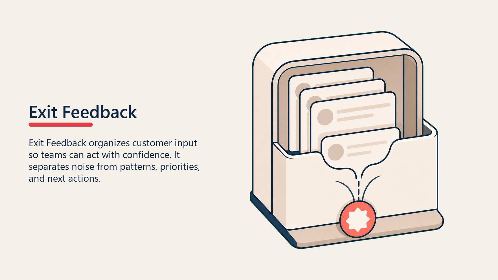 Exit Feedback from Lost Customers shown as feedback funnel turning exit notes into improvement signals
