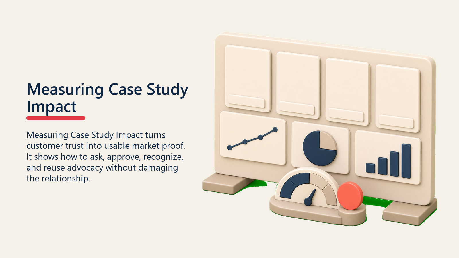 Measuring Case Study Impact showing a case study impact scorecard with blank outcome panels, a small gauge shape, and one plain coral impact marker, no labels or numerals