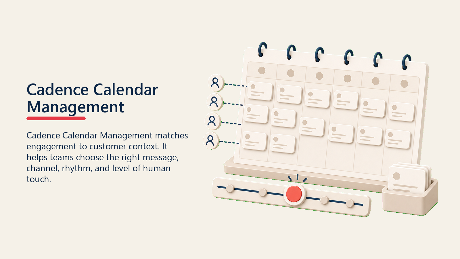 Manajemen Kalender Cadence menampilkan konsol manajemen kalender cadence dengan kartu jadwal kosong, penanda pemilik, dan satu sinyal penyesuaian koral, tanpa label, tanpa angka