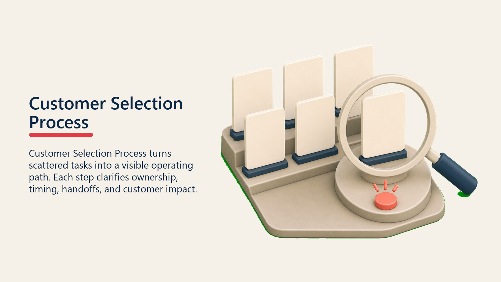 Customer Selection Process showing speaker selection lens choosing one blank customer story card from grouped candidate cards with one plain coral fit marker