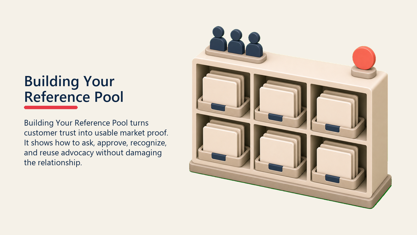 Building Your Reference Pool showing reference pool cabinet with grouped blank customer cards and one plain coral ready-reference marker