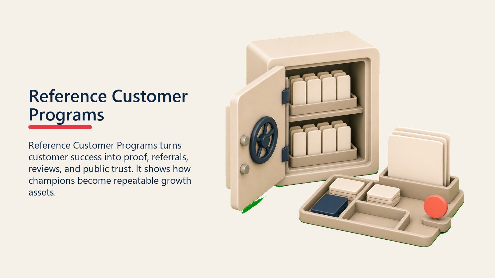 Reference Customer Programs showing reference program vault with blank customer cards, request tray, and one plain coral access marker