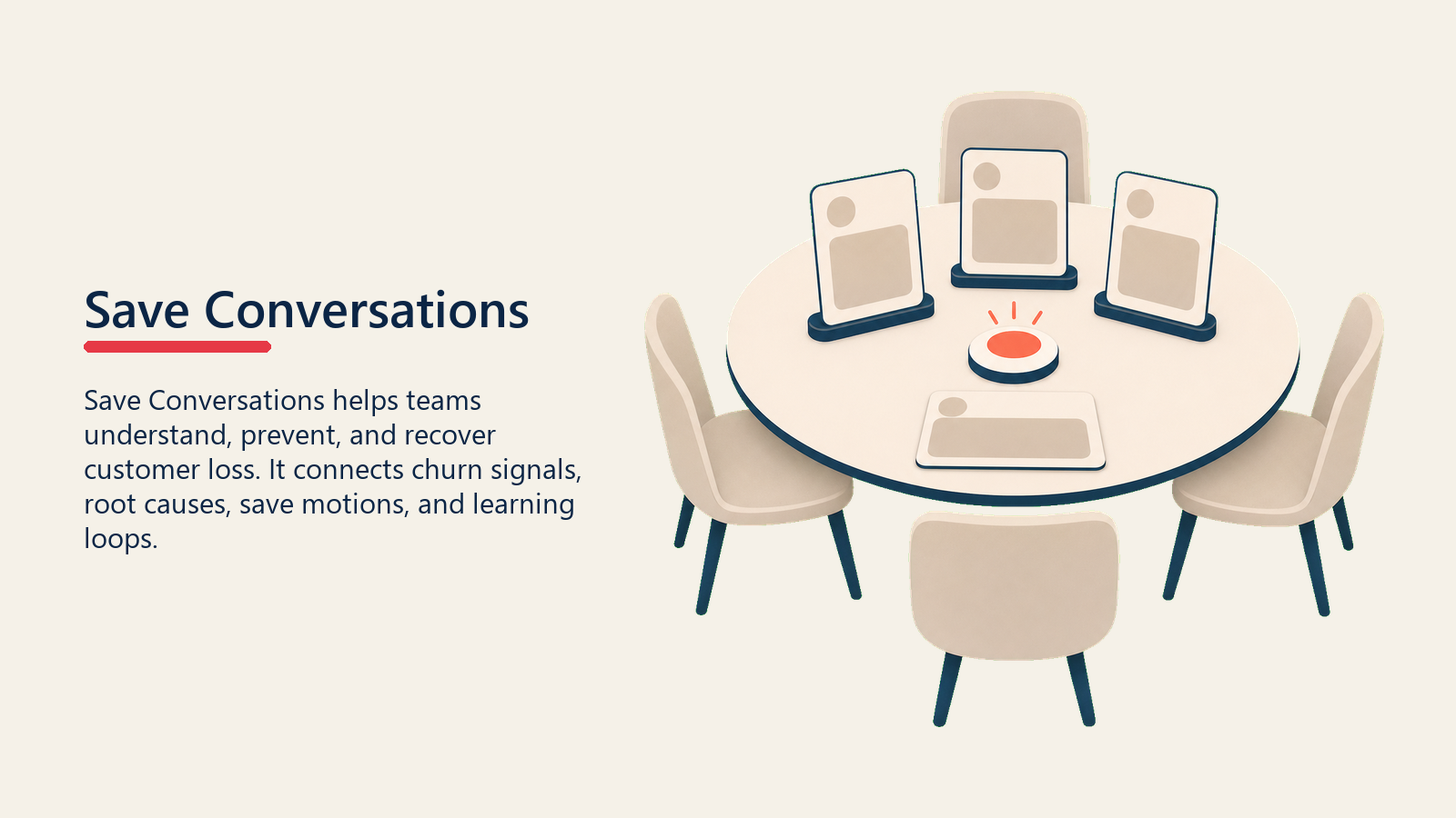 Save Conversations showing save conversation table with blank concern card, value card, decision card, and one coral listening marker