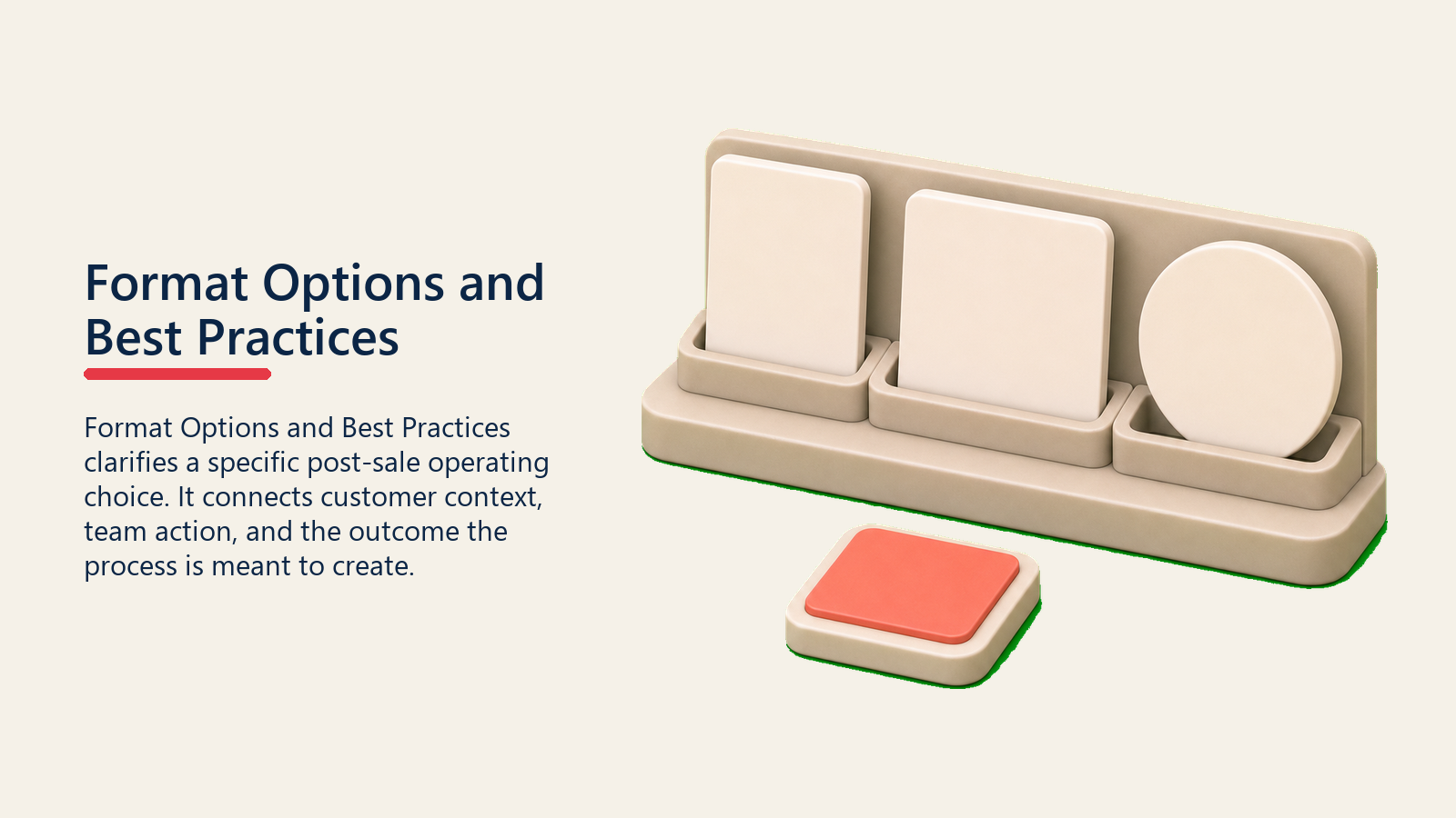 Format Options and Best Practices showing a format options shelf with three blank testimonial format cards in different shapes and one plain coral selected format tile, no labels or icons