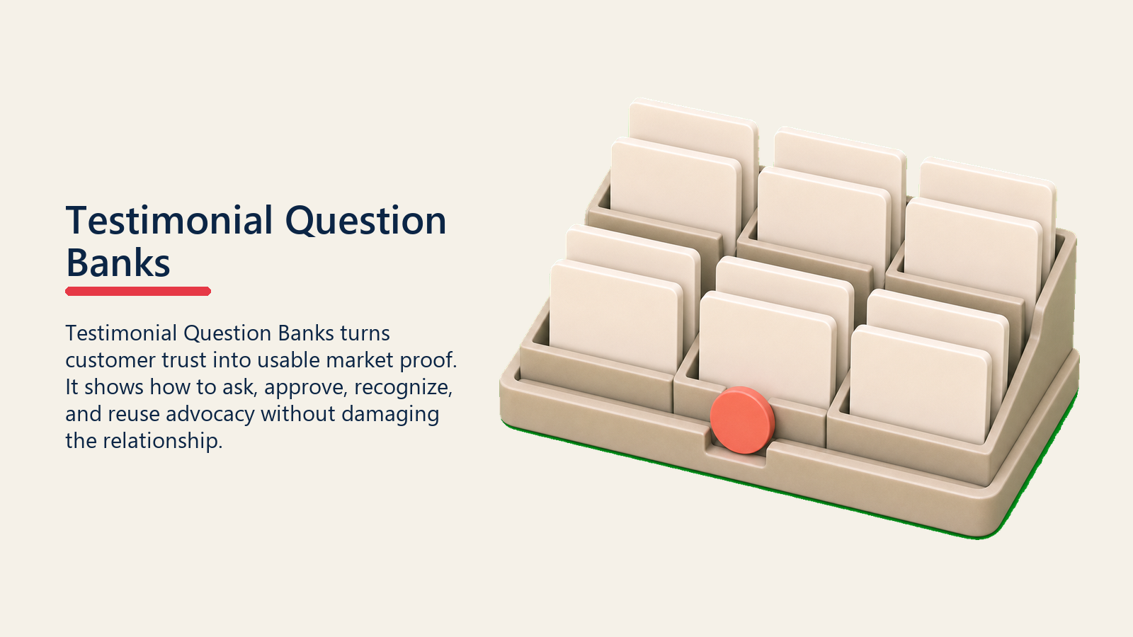 Testimonial Question Banks showing a testimonial question bank represented by a neat tray of completely blank prompt cards and one plain coral selection marker, no question marks or labels