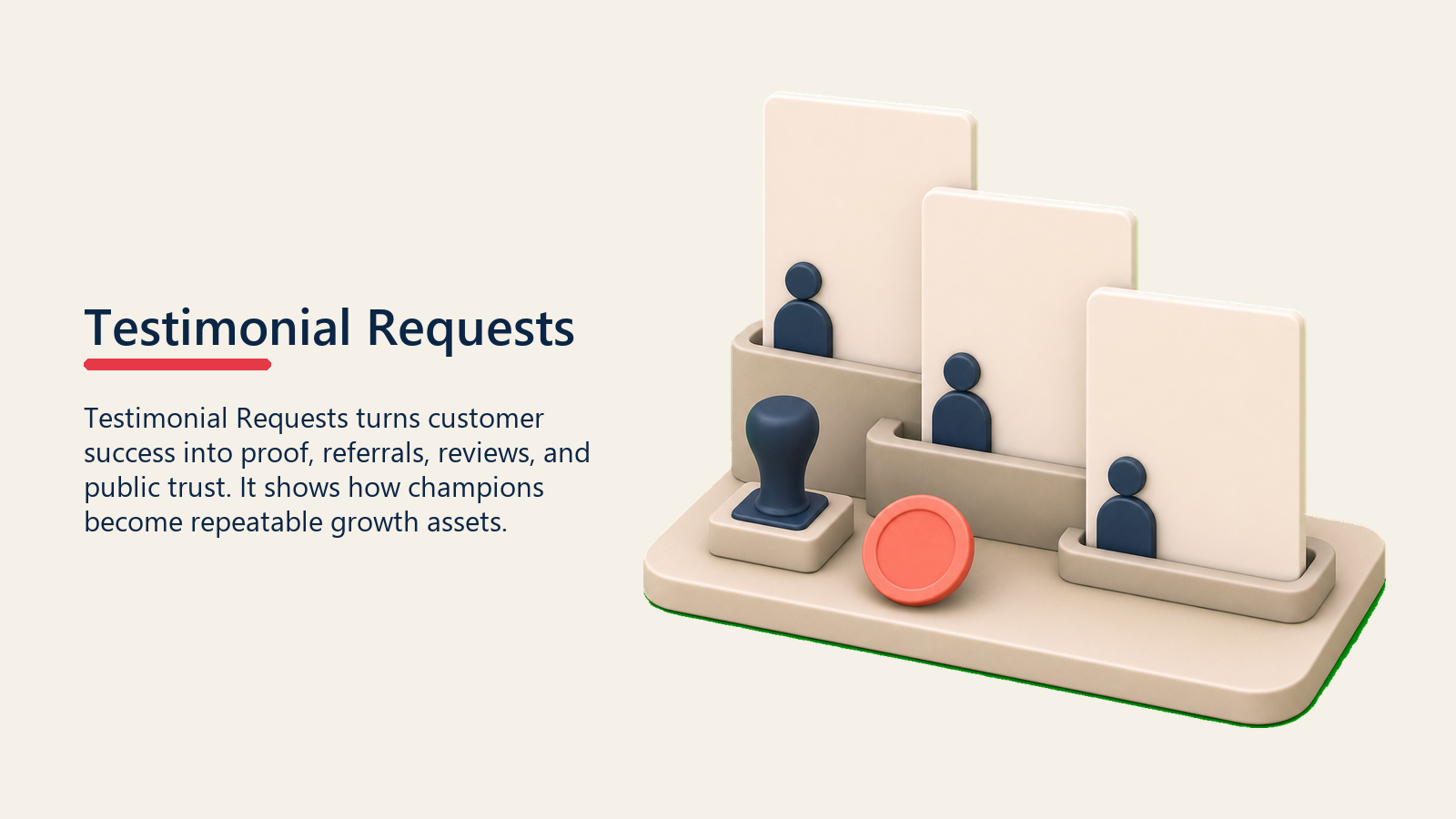 Testimonial Requests showing a clean testimonial proof display with blank quote cards, an approval stamp shape, and one plain coral trust marker, no quotation marks or labels