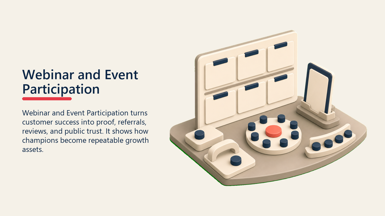 Webinar and Event Participation showing webinar and event participation hub with blank session cards, customer tokens, and one plain coral engagement marker