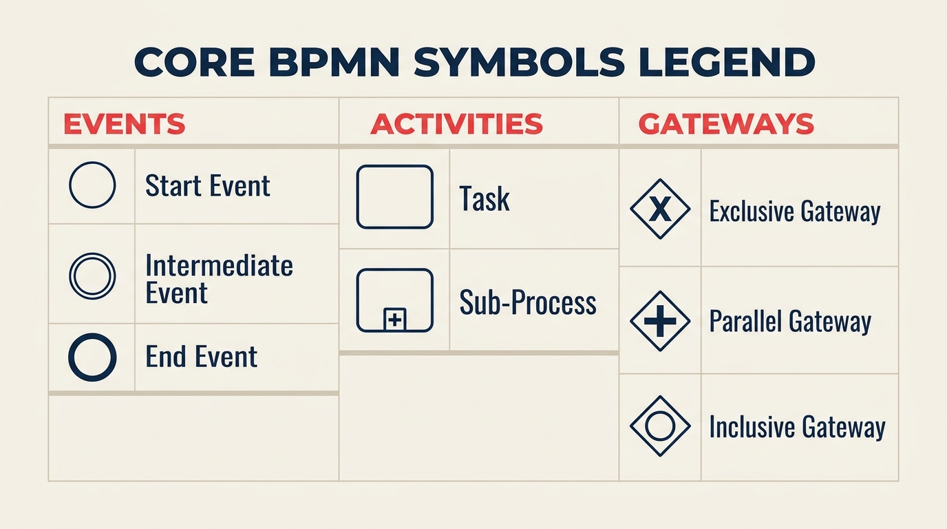 Simbol teras BPMN untuk peristiwa, aktiviti dan gateways