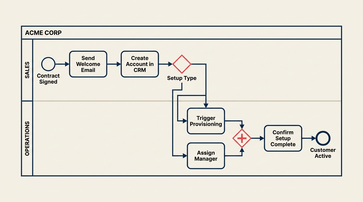 Example BPMN process diagram with pool lanes tasks and a gateway