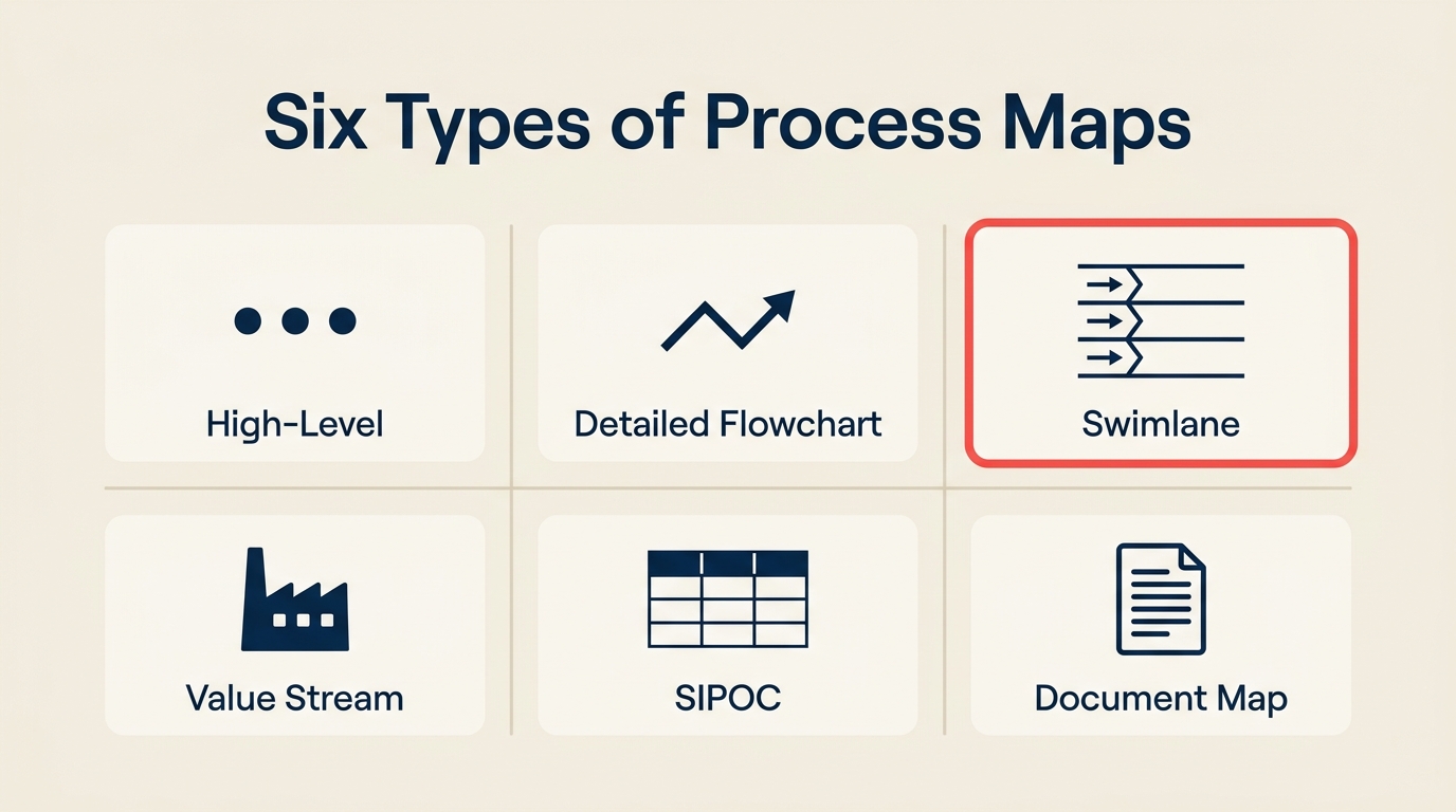 Sechs Typen von Prozesslandkarten: übergeordnet, detailliert, Swimlane, Value Stream, SIPOC, Dokumentenkarte