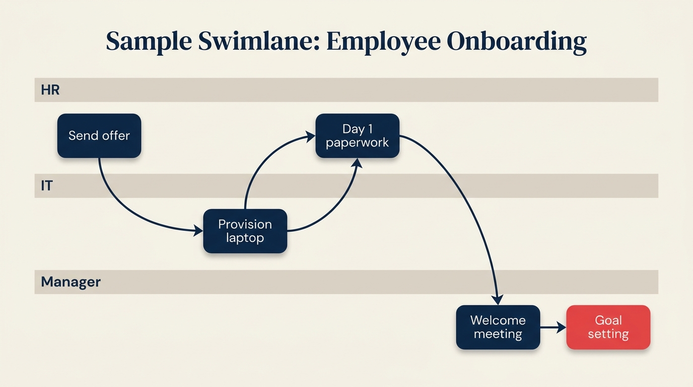 Beispiel-Swimlane-Prozesslandkarte für einen Mitarbeiter-Onboarding-Workflow