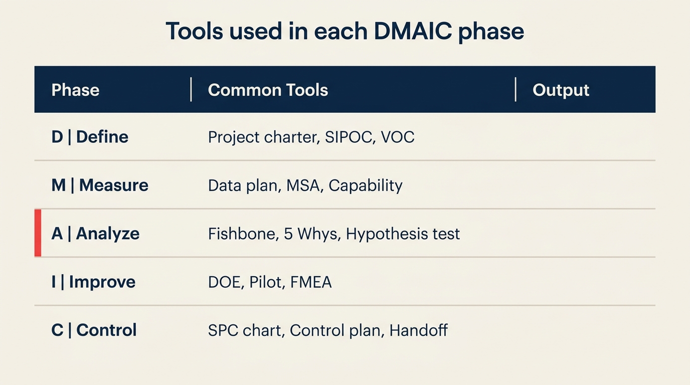 DMAIC-Werkzeuge pro Phase: Projektauftrag, SIPOC, Fishbone, DOE, Regelkarten