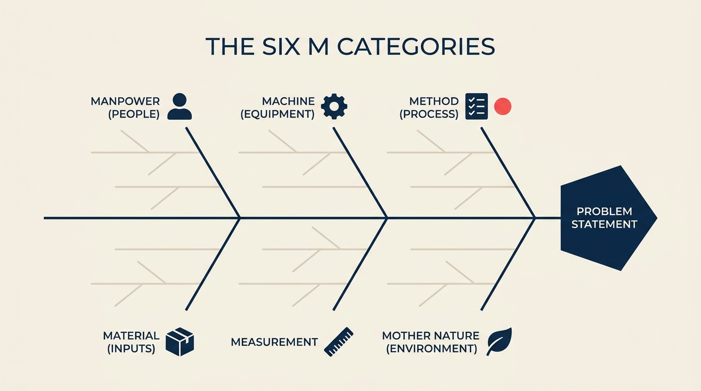 Diagrama fishbone con seis huesos principales etiquetados manpower machine method material measurement mother nature