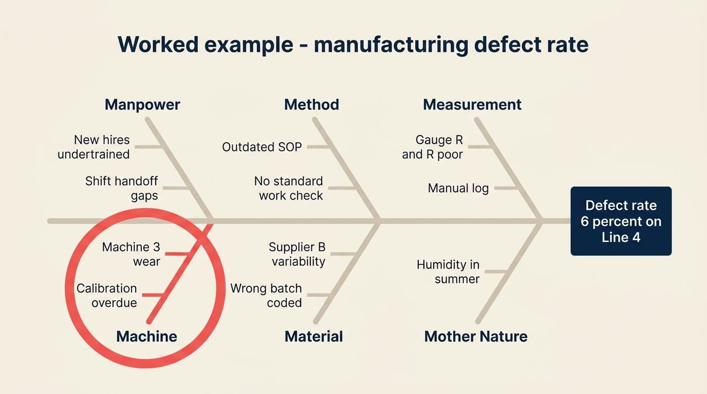 Diagrama fishbone de muestra mostrando causas de alta tasa de defectos en una línea de manufactura categorizadas por 6Ms