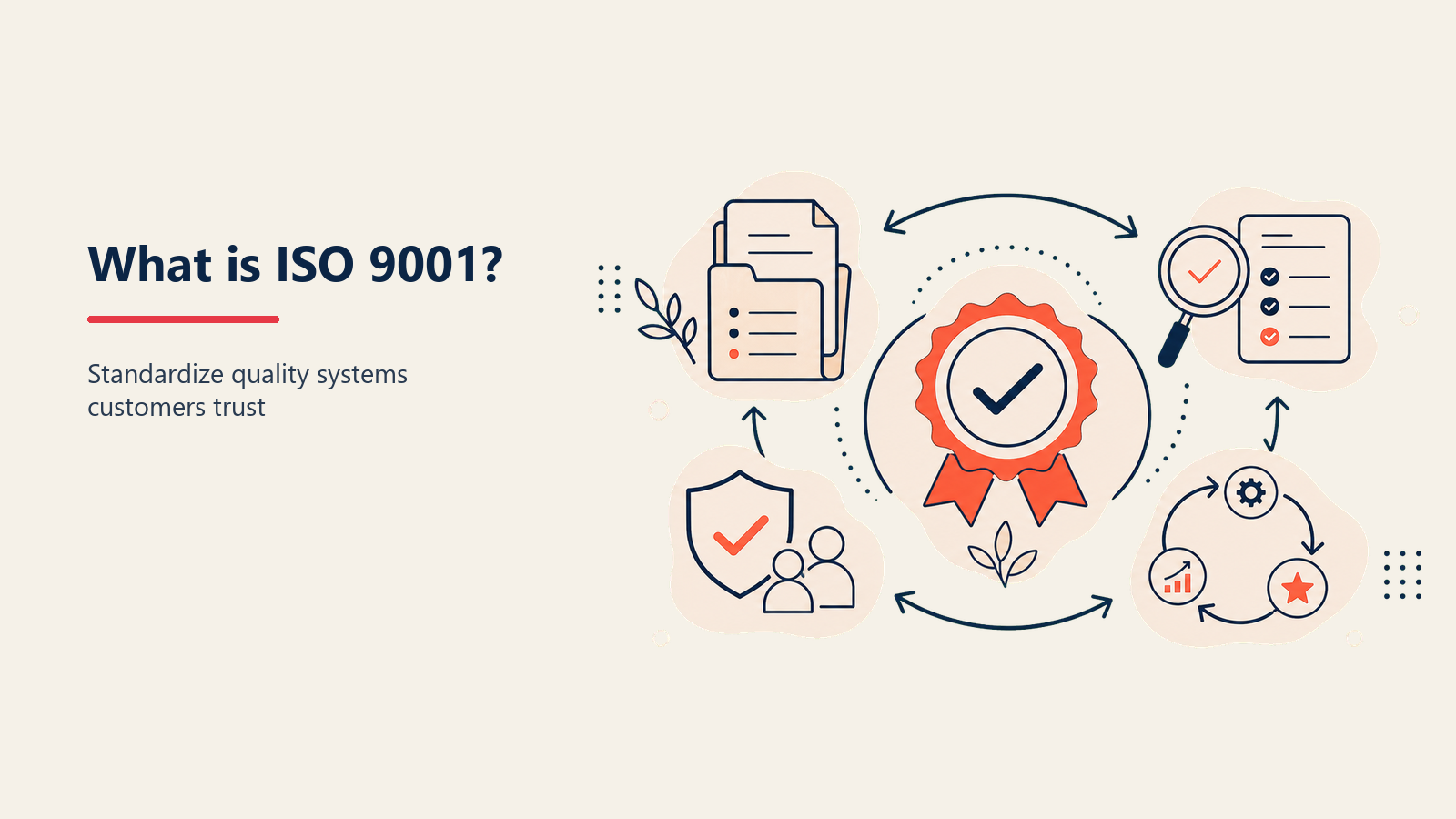 ISO 9001 quality management system illustrated by a seven-point compass inside a certification seal.