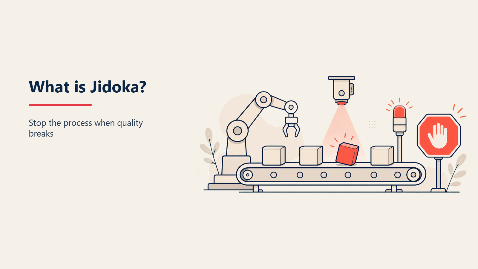 Jidoka production line stopping at an andon signal before a defect moves downstream