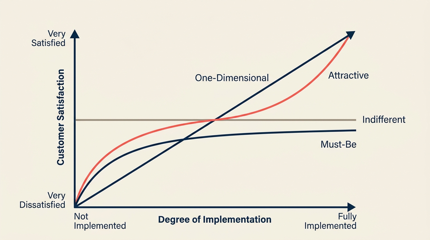 Gráfico del modelo Kano con ejes de satisfacción y funcionalidad