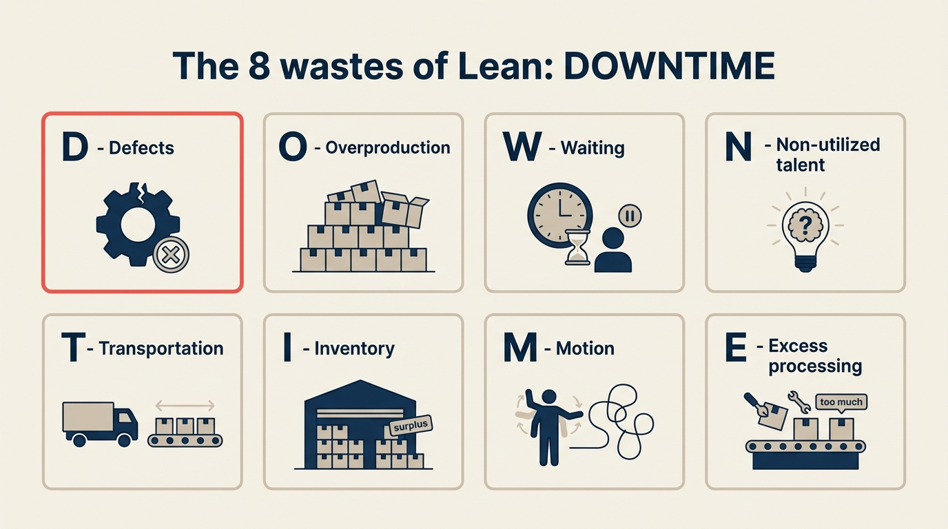 Die 8 Verschwendungsarten von Lean DOWNTIME: Fehler, Überproduktion, Warten, ungenutztes Talent, Transport, Lagerbestand, Bewegung, Überverarbeitung
