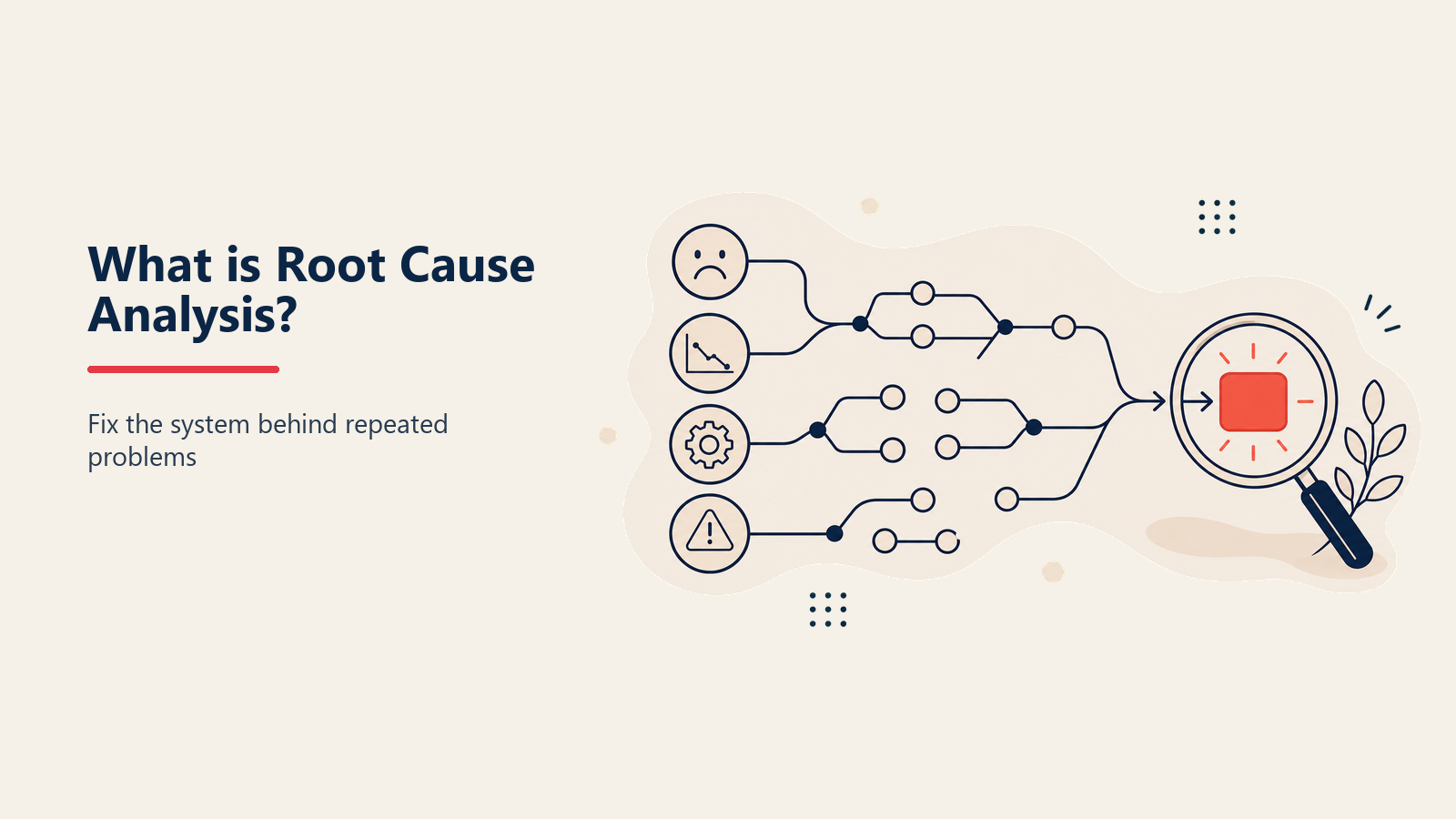 Root cause analysis lens revealing an underlying process failure beneath visible symptoms
