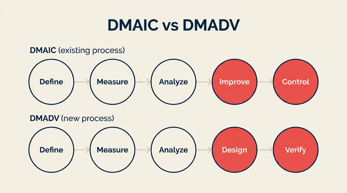 DMAIC dan DMADV berdampingan: Define, Measure, Analyze, Improve/Design, Control/Verify
