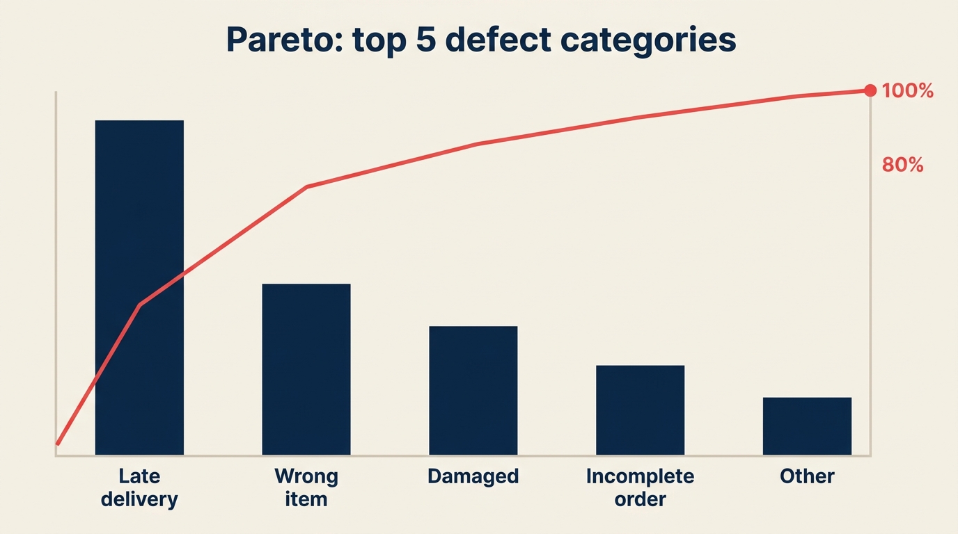 Contoh Pareto chart: 5 kategori cacat teratas yang mendorong 80% keluhan pelanggan