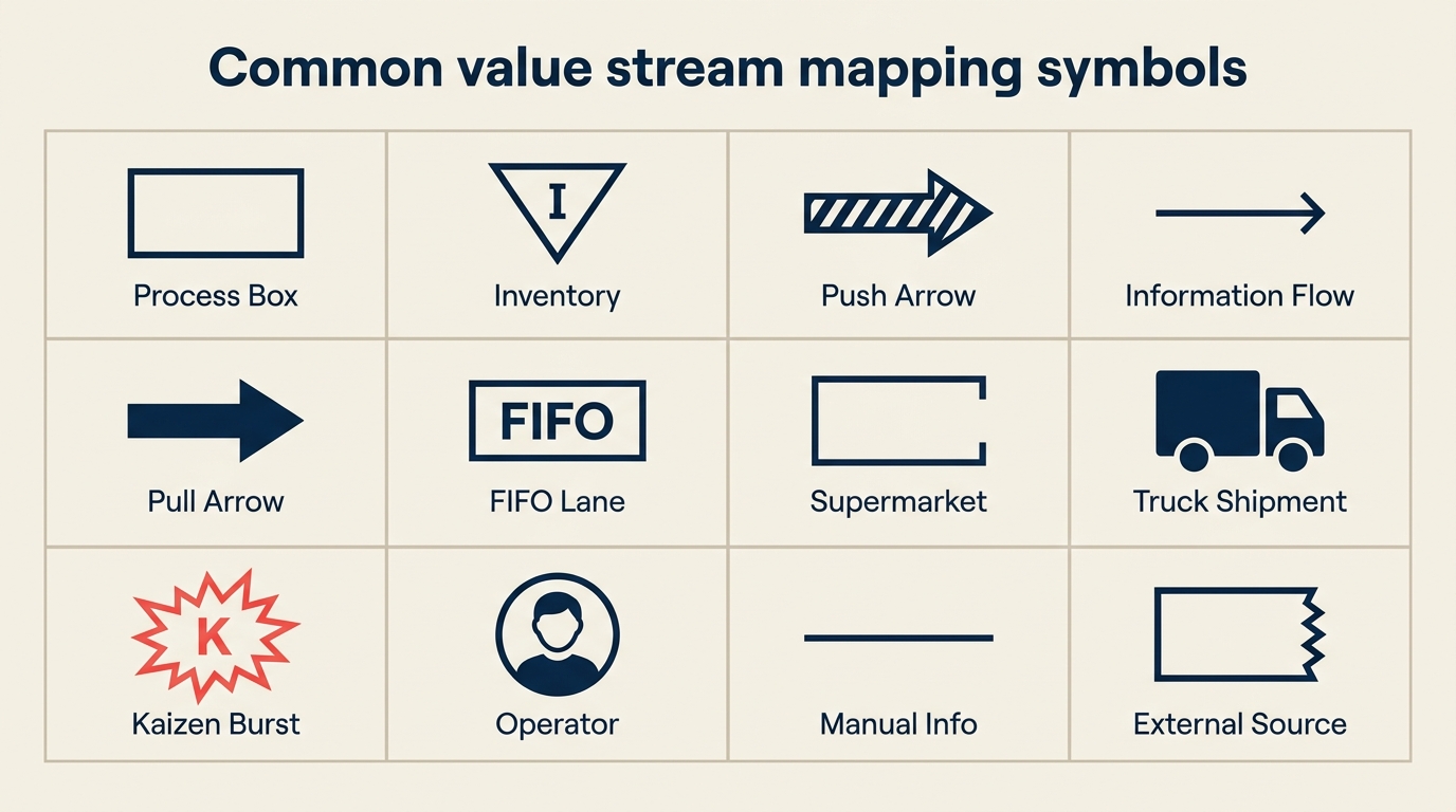 Gängige Value Stream Mapping-Symbole einschließlich Prozesskästchen, Lagerbestandsdreieck, Push- und Pull-Pfeile