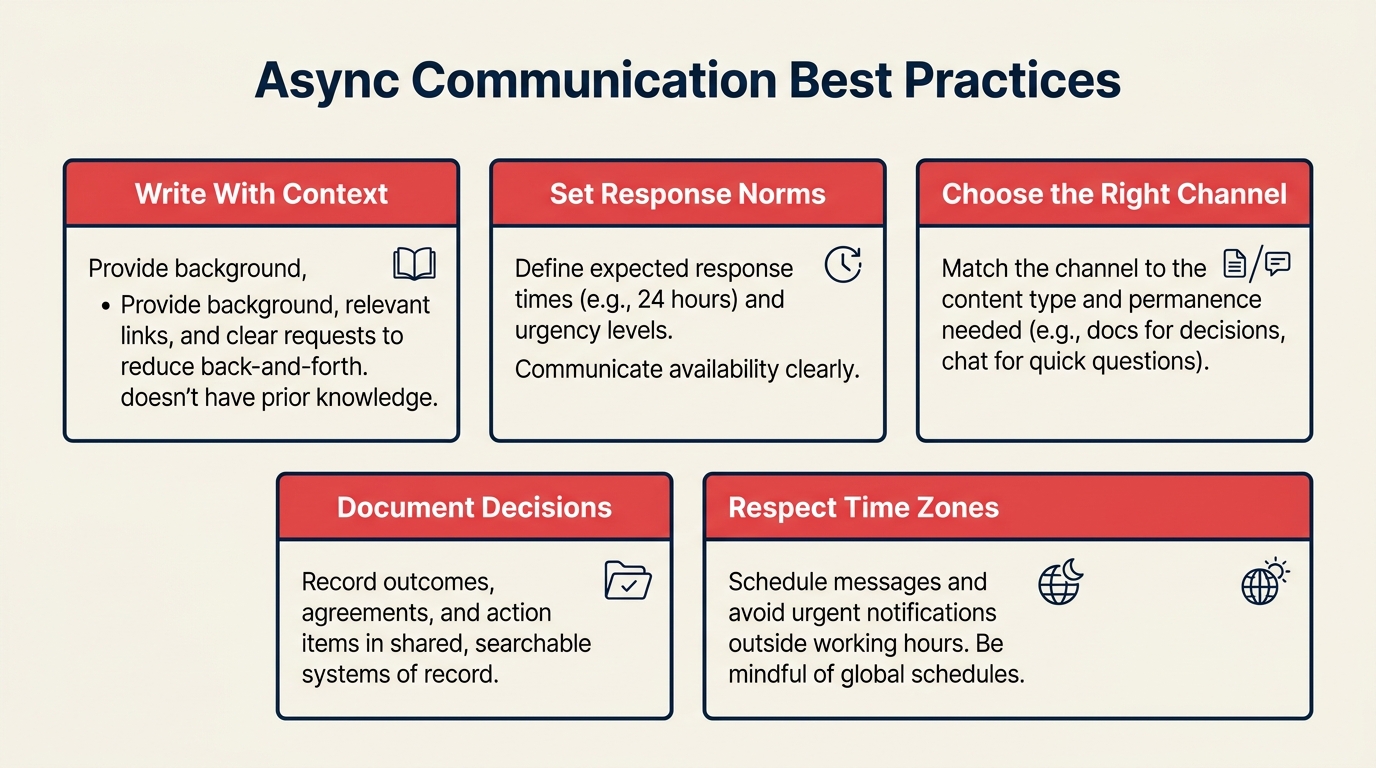 Async communication best practices illustrated by a context capsule relayed across work schedules