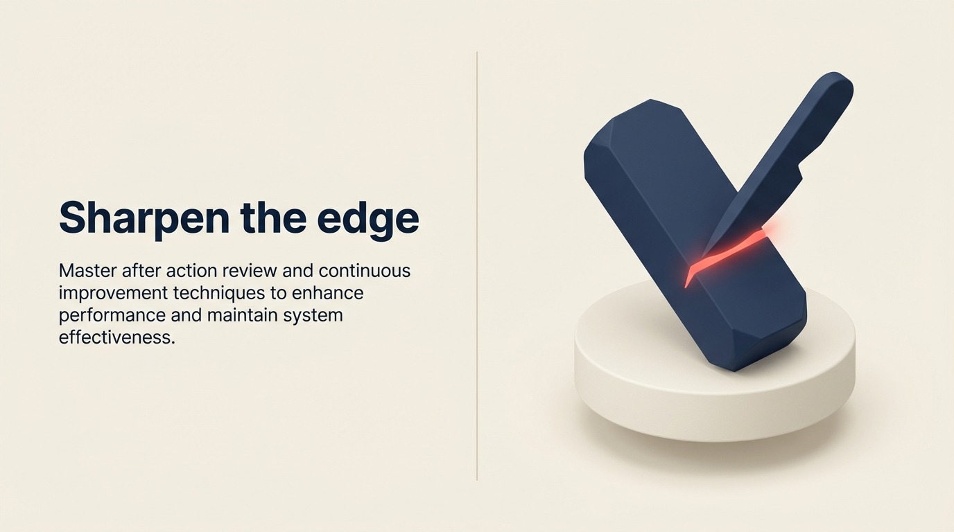 Measurement and continuous improvement shown as a feedback wheel sharpening a work system