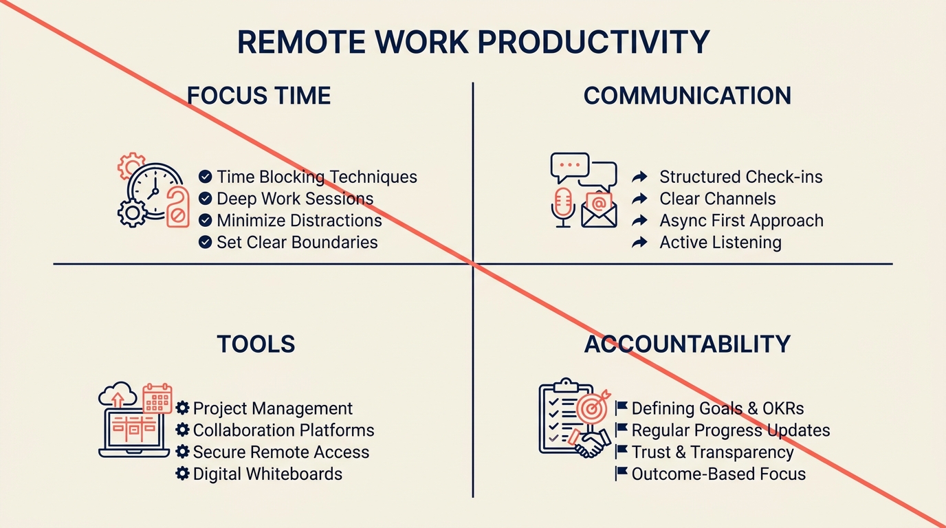 Remote work productivity shown as a calm focused workspace protected from distractions
