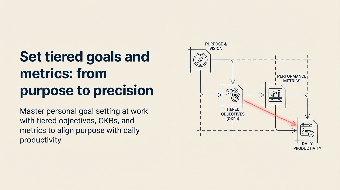 Tiered goals and metrics shown as a purpose-to-action domino cascade