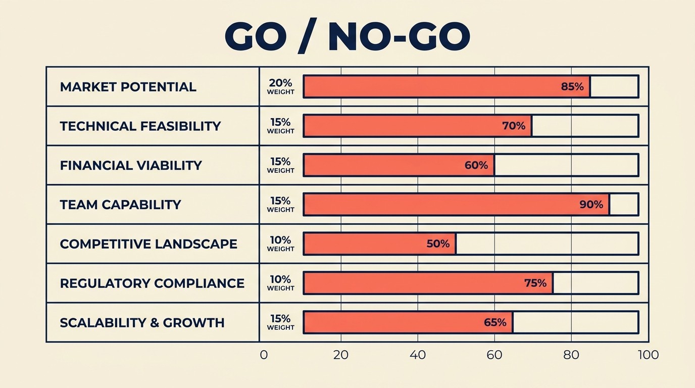 Scorecard evaluating seven go/no-go factors before committing agency resources to a pitch