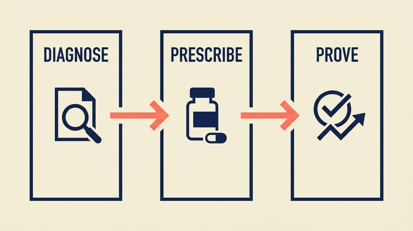 Diagnosis, prescription, and proof framework turning discovery into a differentiated strategic point of view