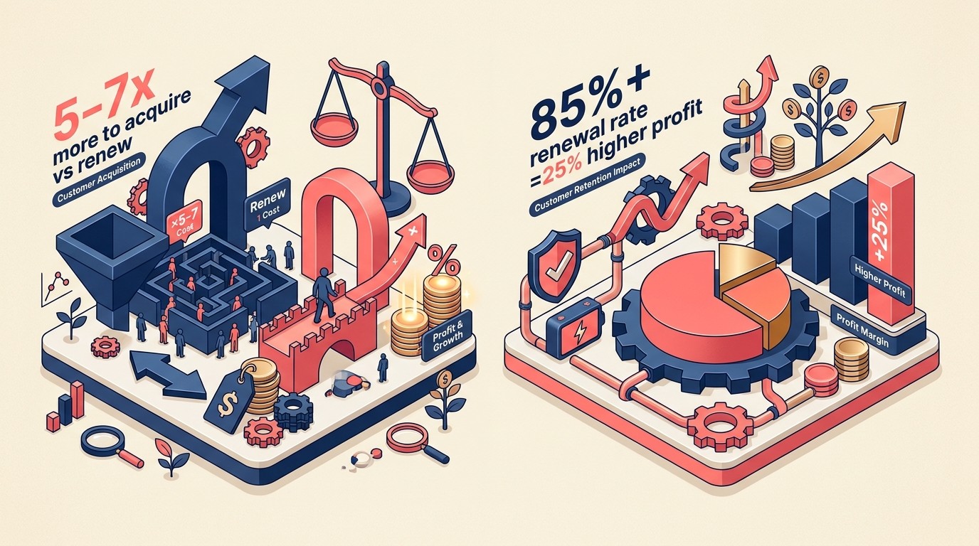 Renewal economics showing new client acquisition costs 5-7x more than renewal and high-performing firms hit 25% higher profitability with 85%+ renewal rates