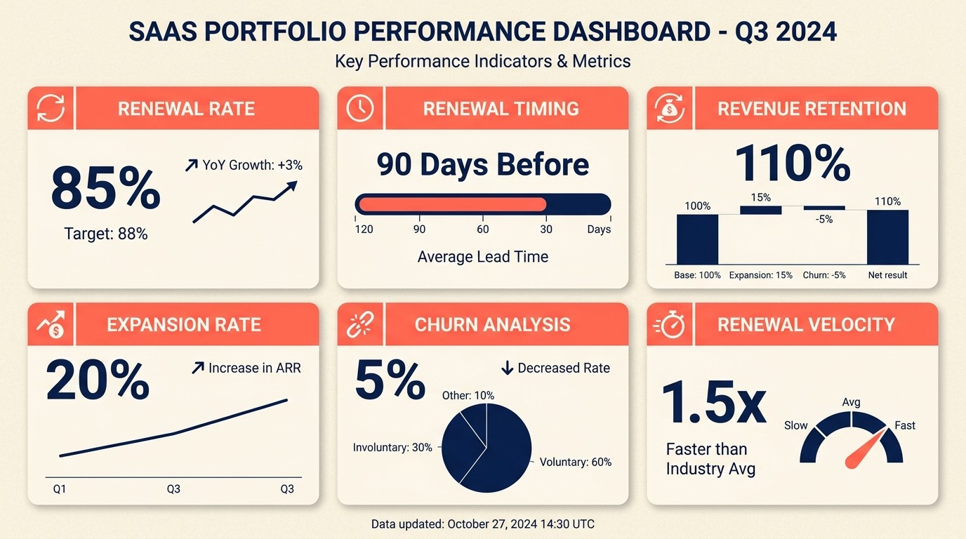 Renewal metrics dashboard tracking renewal rate, timing, revenue retention, expansion rate, churn analysis, at-risk accuracy, and renewal velocity
