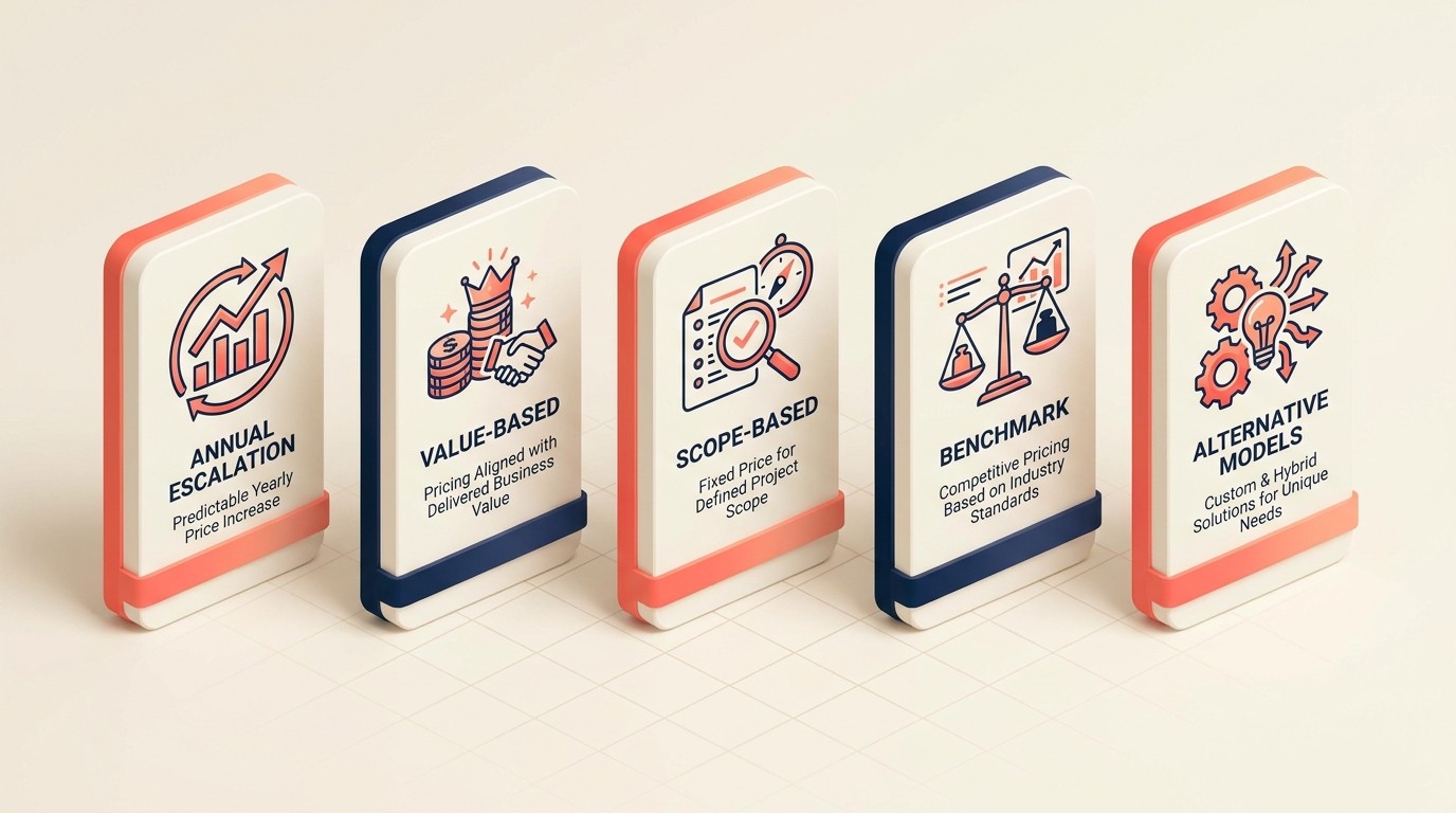Four renewal pricing approaches: annual escalation, value-based adjustment, scope-based pricing, and benchmark alignment, plus alternative models for budget-constrained clients
