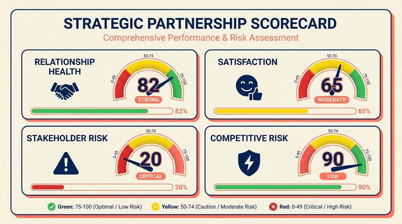 Renewal readiness scoring framework across four dimensions: relationship health, value perception, organizational risk, and competitive risk, with green-yellow-red categories