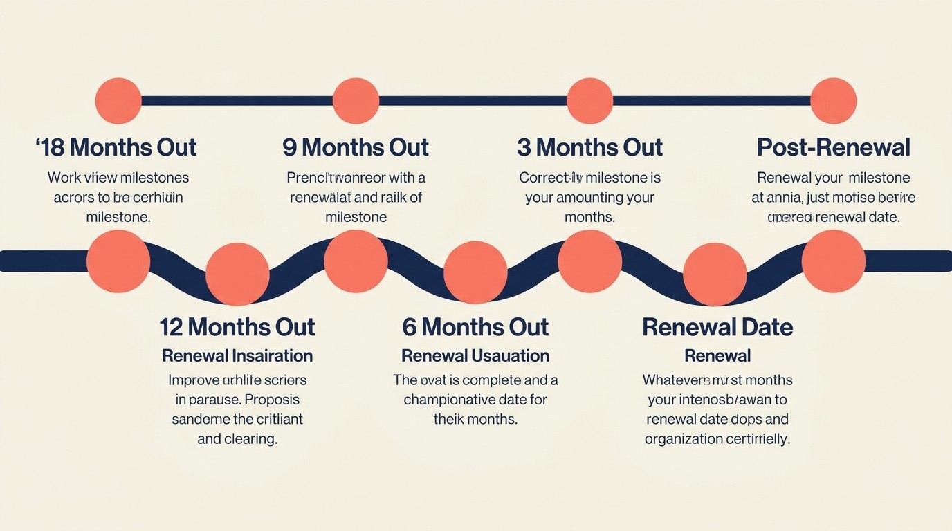 Renewal process timeline spanning 12-18 months from initial planning through value documentation, proposal, negotiation, contract execution, and post-renewal kickoff