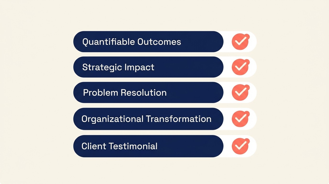Value log capturing quantifiable outcomes, strategic impact, problem resolution, and organizational transformation across engagement milestones