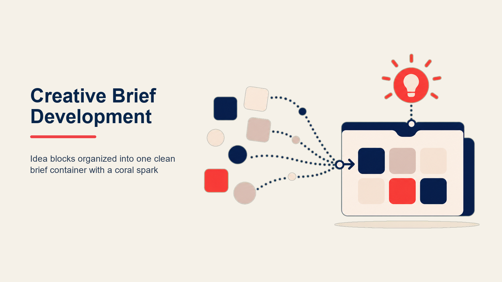 Creative Brief Development visual showing an open creative brief folio beside a target lens