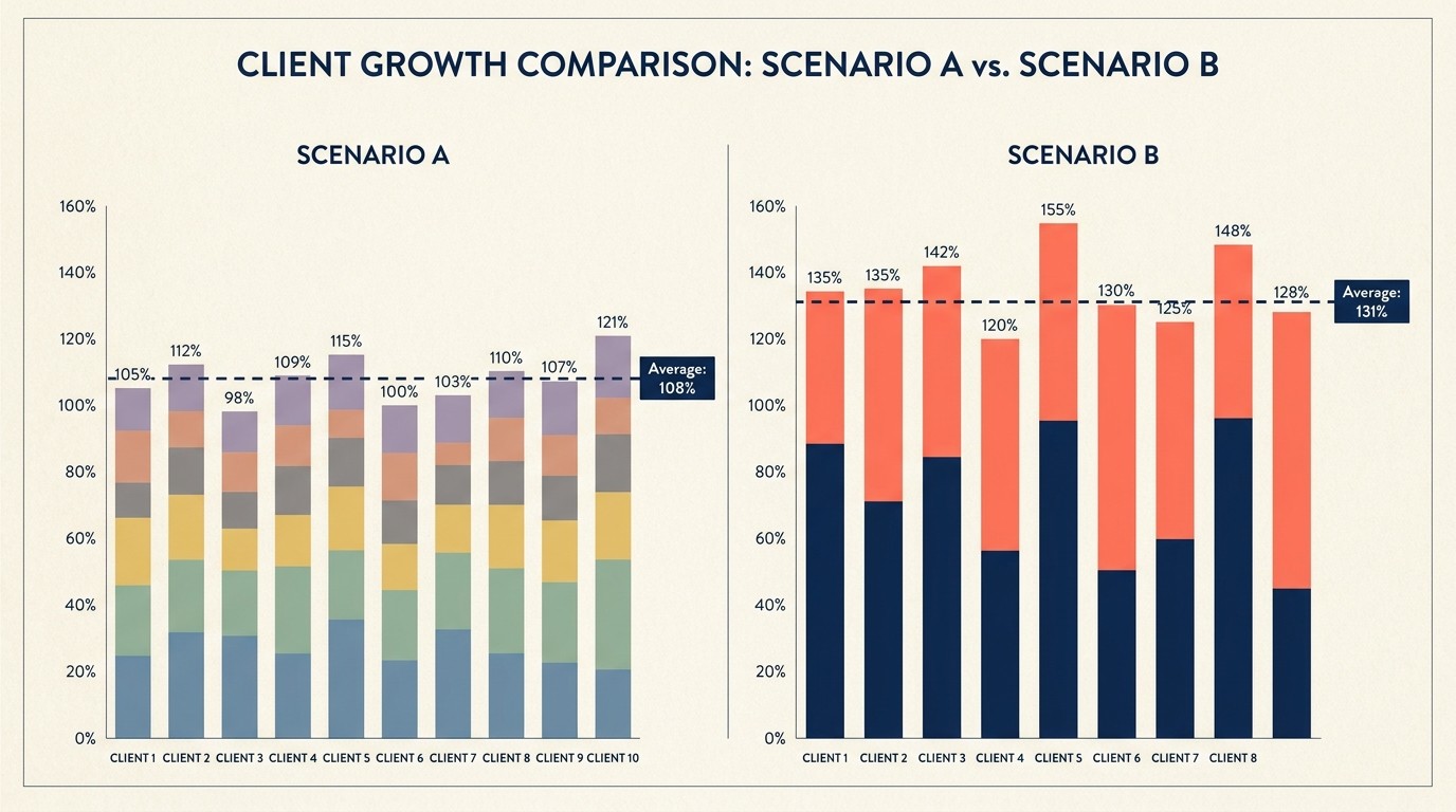 Comparativo de lucratividade mostrando que a qualificação seletiva de clientes gera 131% da meta versus 108% sem seletividade