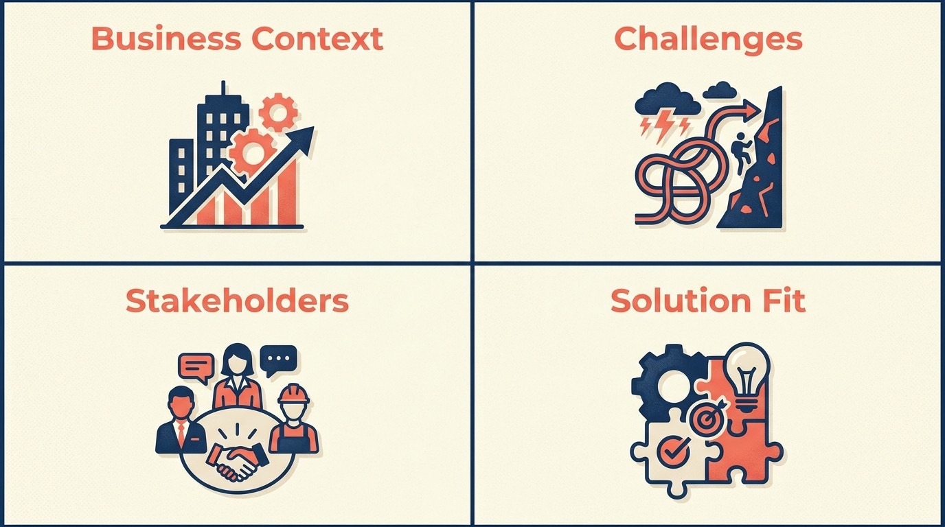 Four discovery dimensions: business context, challenges, stakeholders, and solution fit