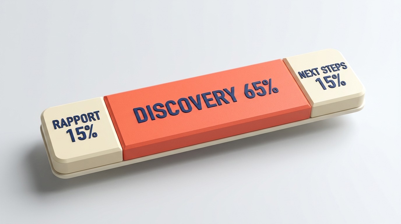 Three-phase consultation framework showing rapport, discovery, and next steps time allocation