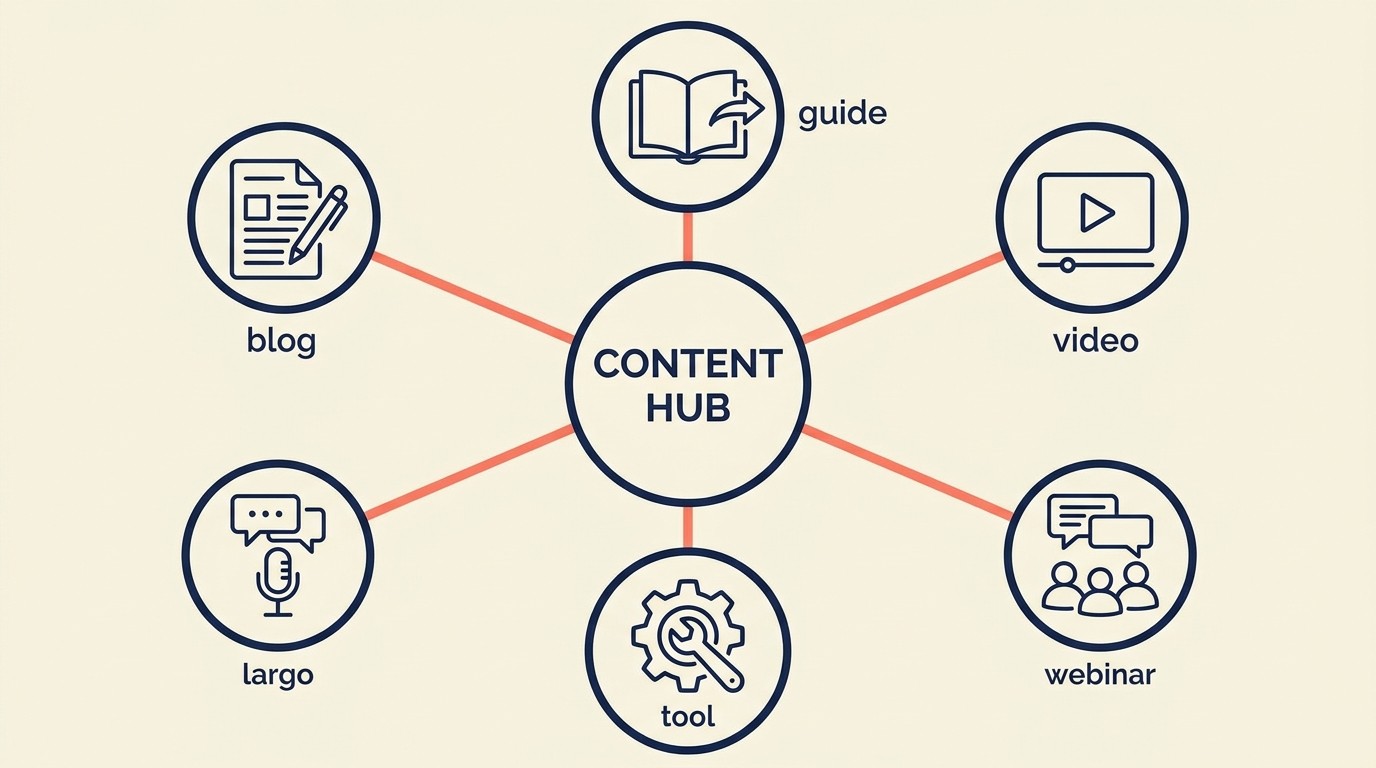 Format content marketing hukum termasuk blog post, panduan praktik, studi kasus, video, dan webinar untuk lead generation pengacara