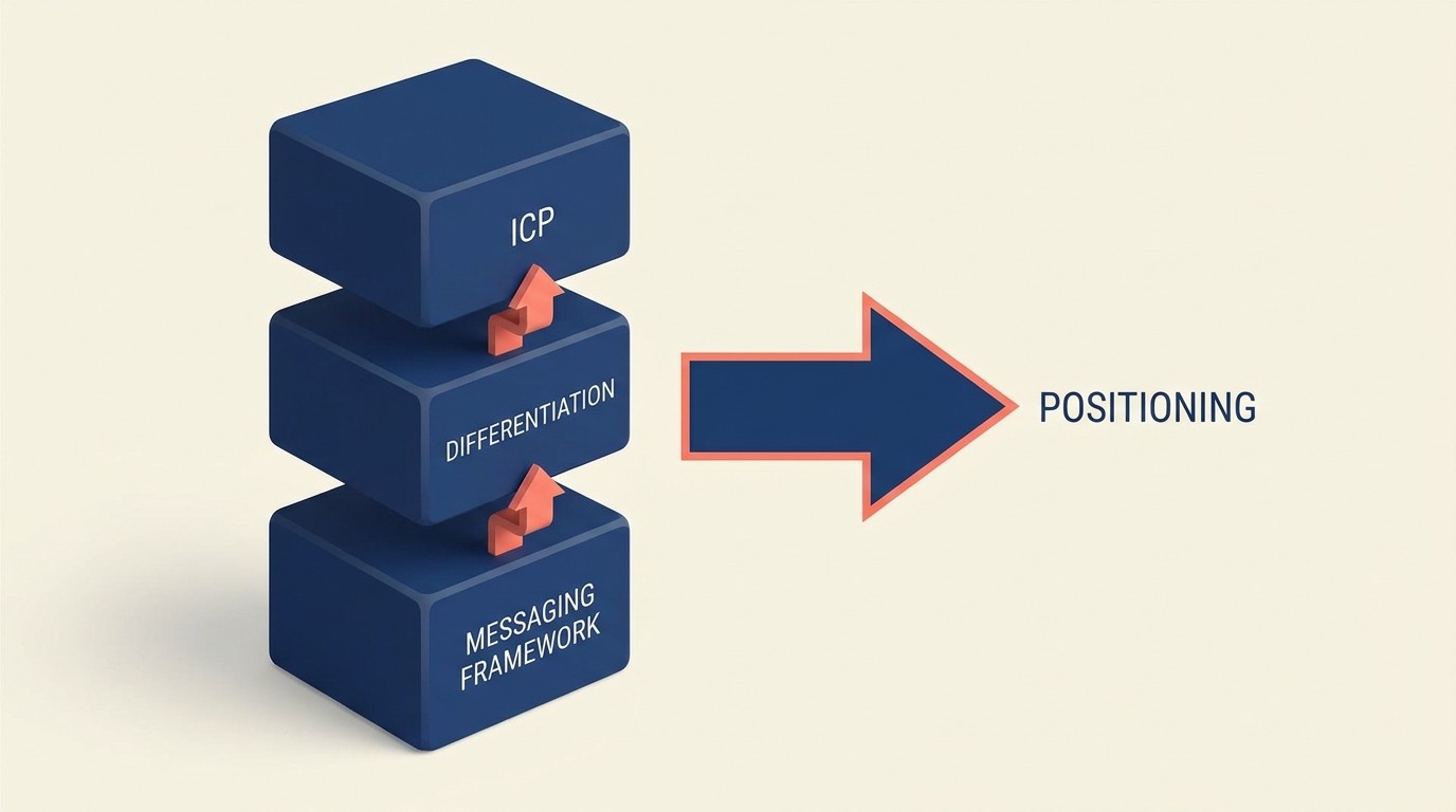 Kerangka positioning area praktik yang menunjukkan ICP, diferensiasi, dan pesan untuk firma hukum