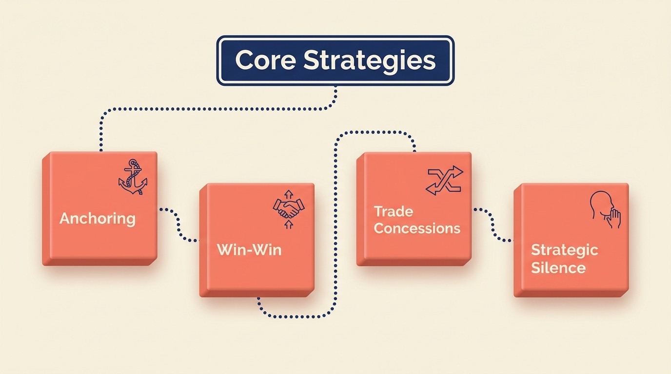 Diagram strategi negosiasi inti yang mencakup pemecahan masalah win-win, penambatan, menukar konsesi, dan taktik keheningan strategis