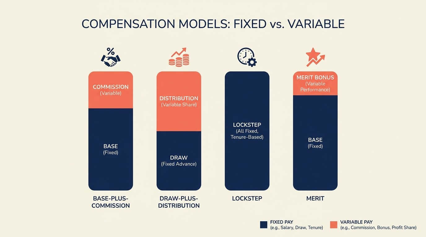 Modelos de compensação comparando salário base, comissão, lockstep e mérito