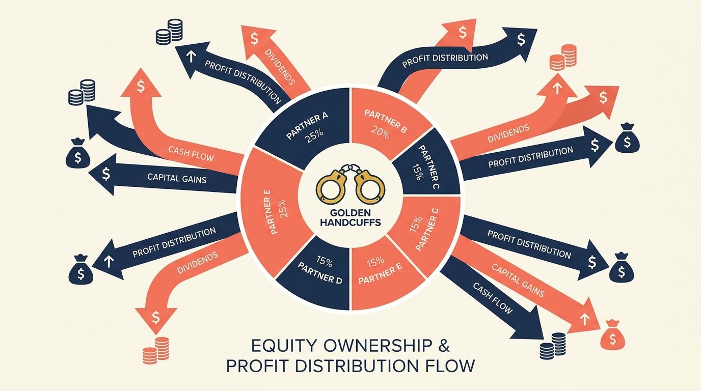 Equity partners com participações de propriedade, direitos de governança e compartilhamento de lucros