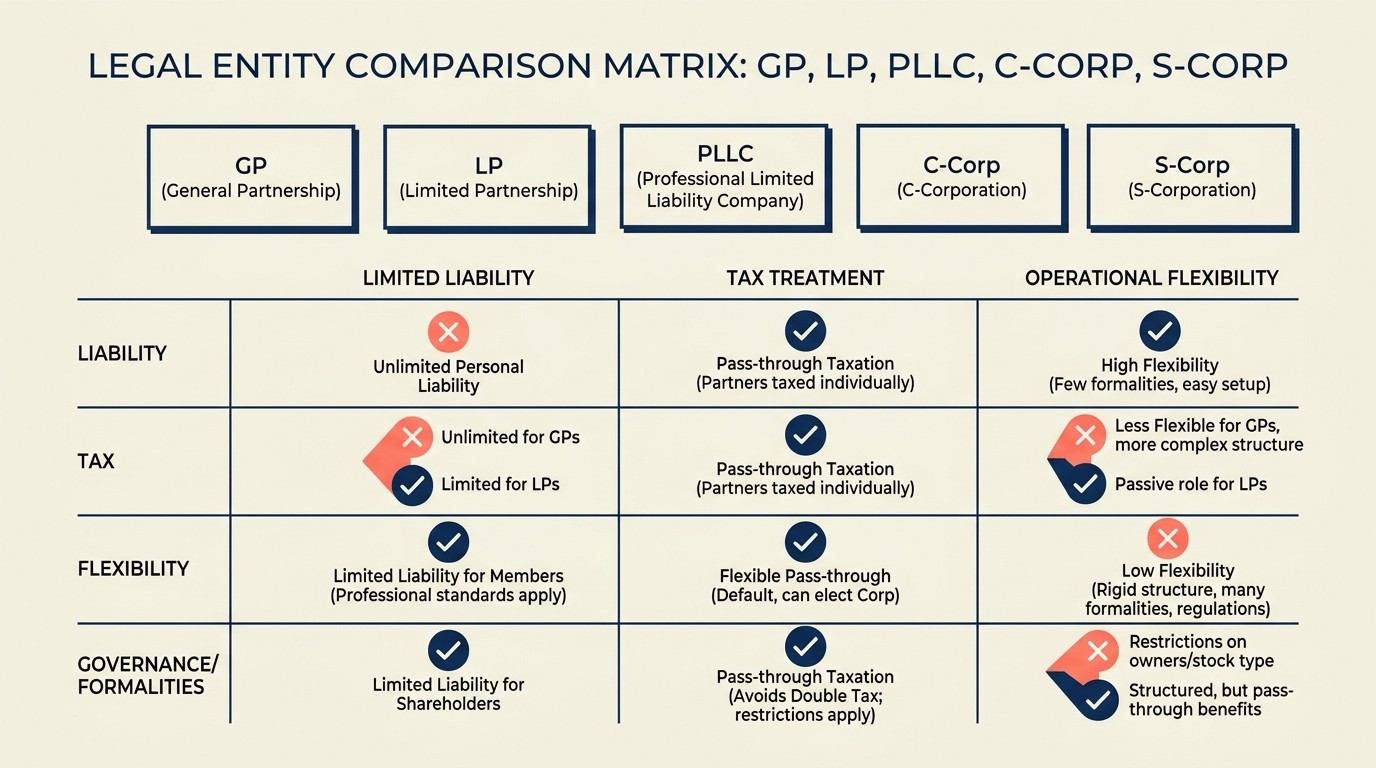 Comparação de entidades legais: GP, LP, PLLC, C-corp e estruturas S-corp