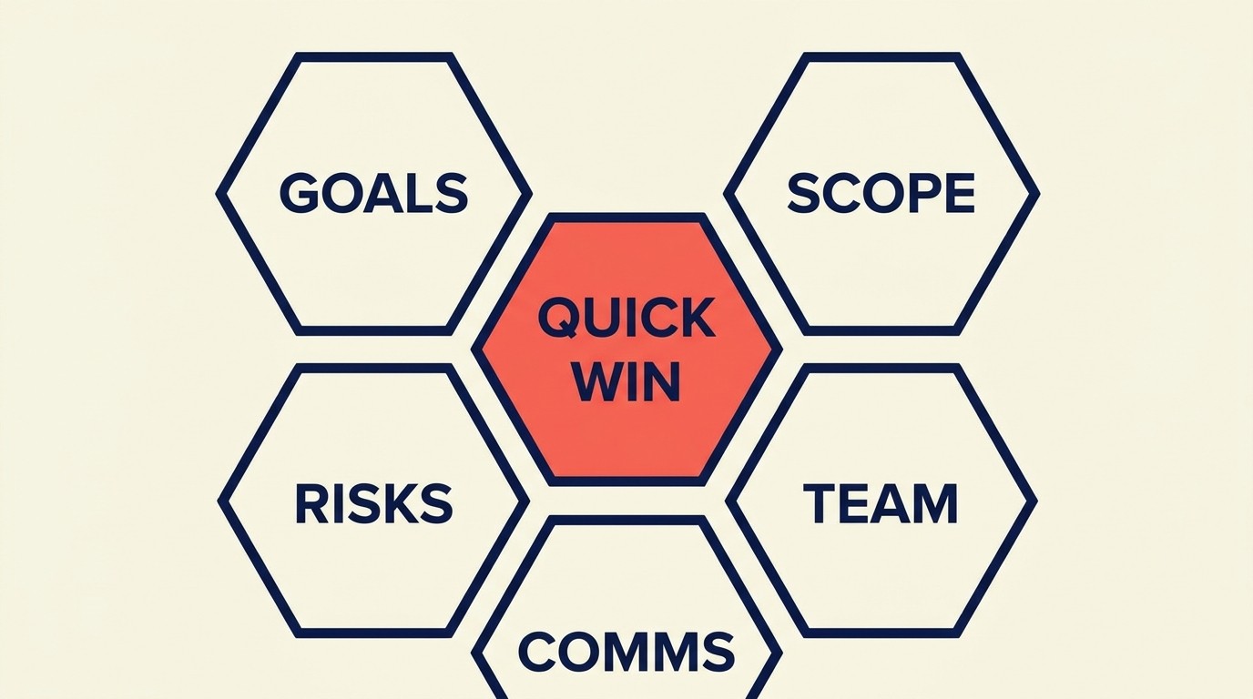 Enam komponen kickoff yang tidak bisa dikompromikan termasuk tujuan, scope, tim, dan quick win