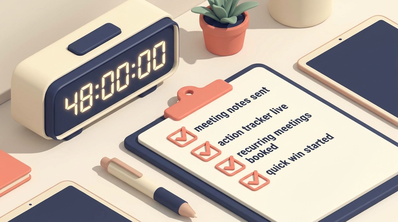 Tindakan tindak lanjut dalam 48 jam setelah kickoff, notulen, pelacak, check-in stakeholder